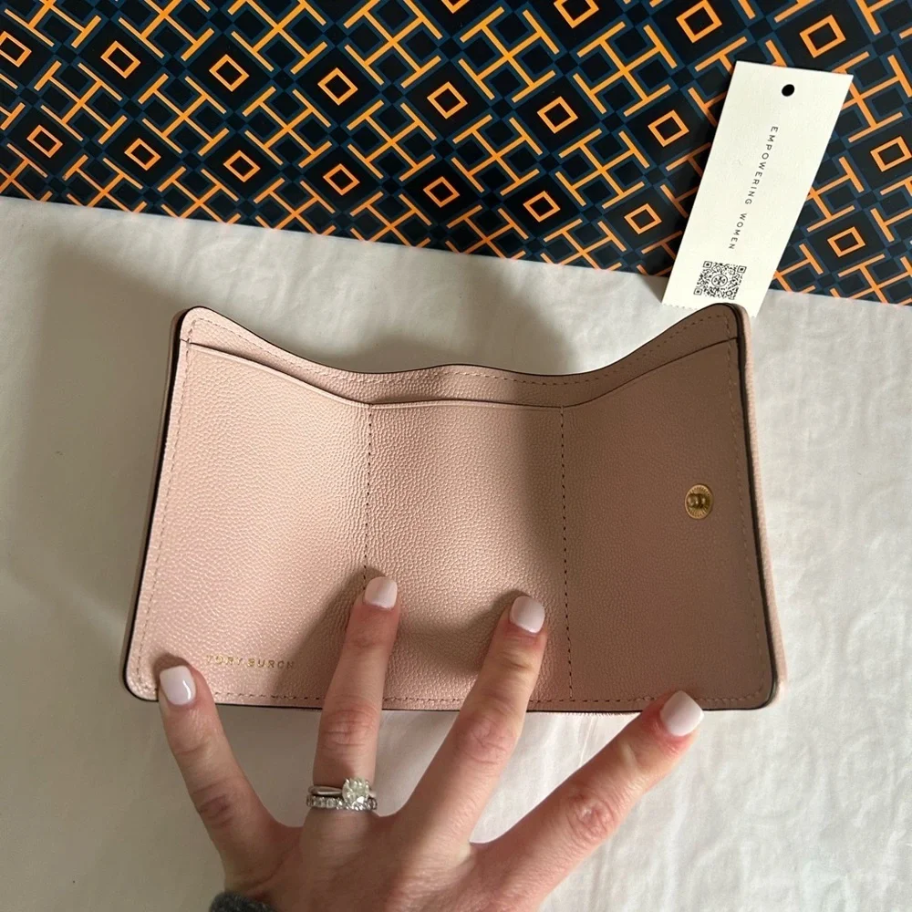 Tory Burch Fleming Soft Polished Grain Small Flap Wallet Pink Dawn Gold